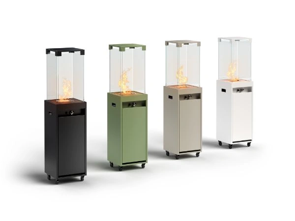 4 incalzitore pe gaz Faro pentru terasa in 4 culori diferite: negru, verde, gri si alb.